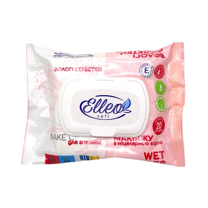 Elleo Soft Вологі серветки для зняття макіяжу з міцелярною водою з екстрактом Алое 20 шт